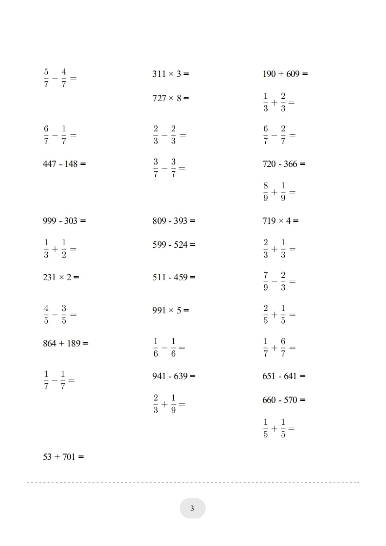 图片[3]-三年级数学上册口算题(【总复习】)1000题（人教版）-龙云试卷网