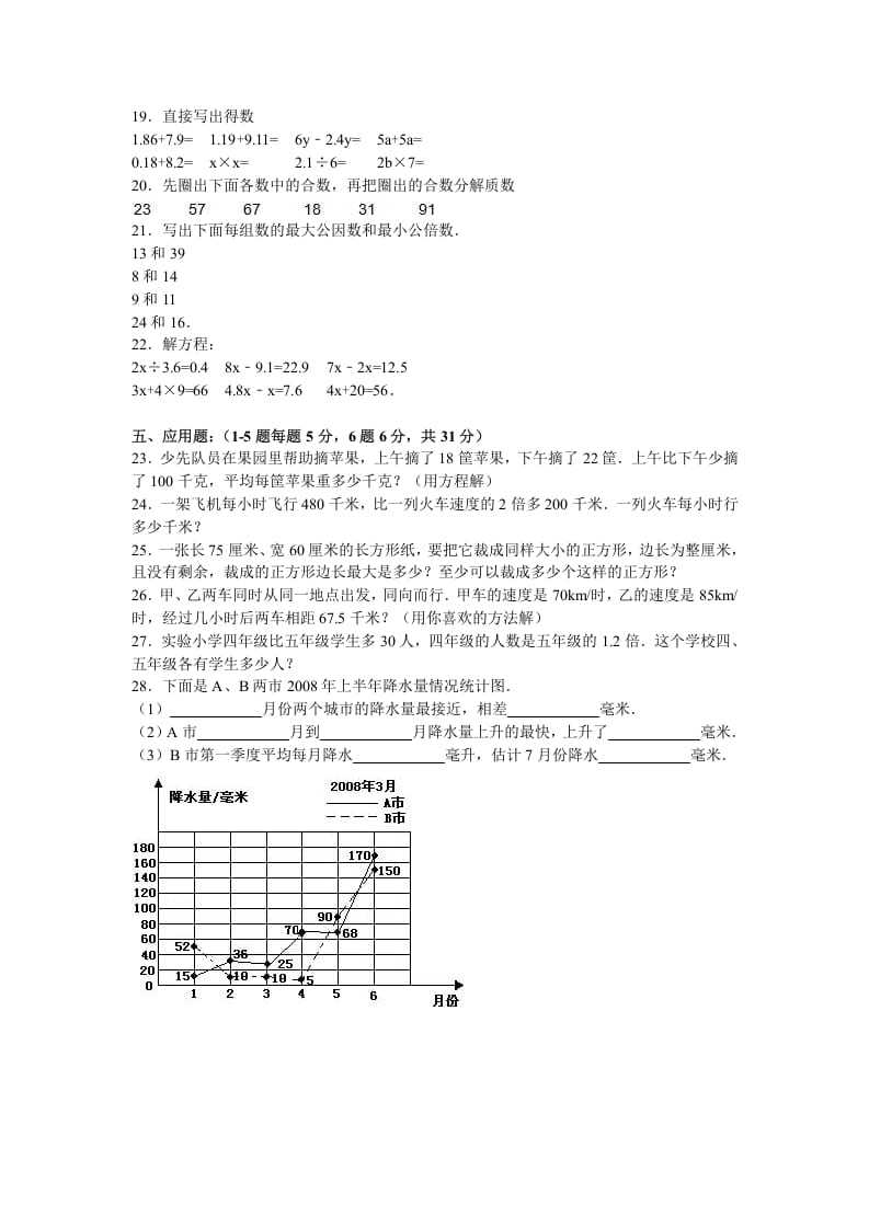 图片[2]-五年级数学下册苏教版下学期期中测试卷10-龙云试卷网