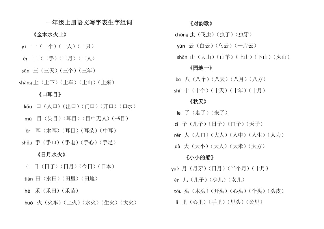 一年级语文上册上写字表生字组词（部编版）-龙云试卷网