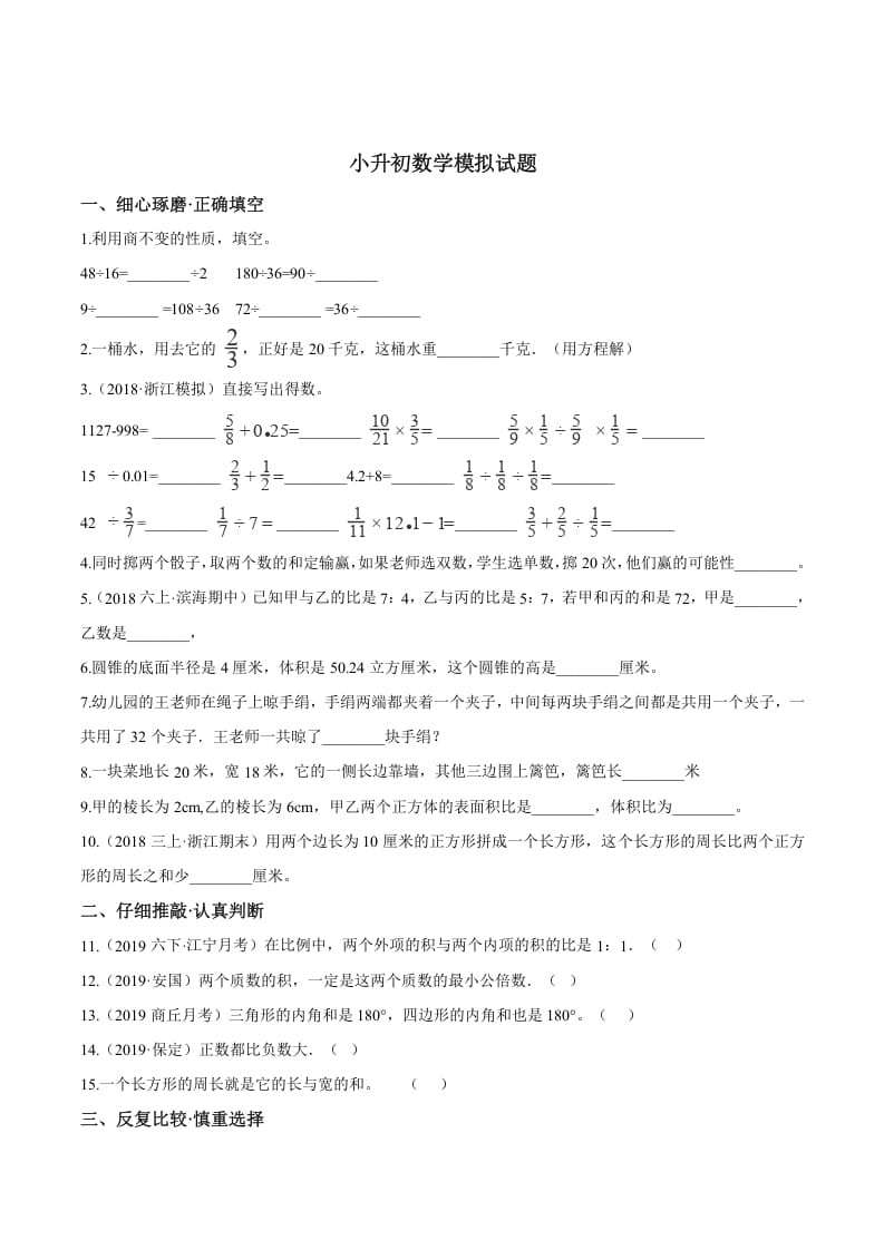 六年级数学下册小升初模拟试题（20）苏教版（含解析）-龙云试卷网