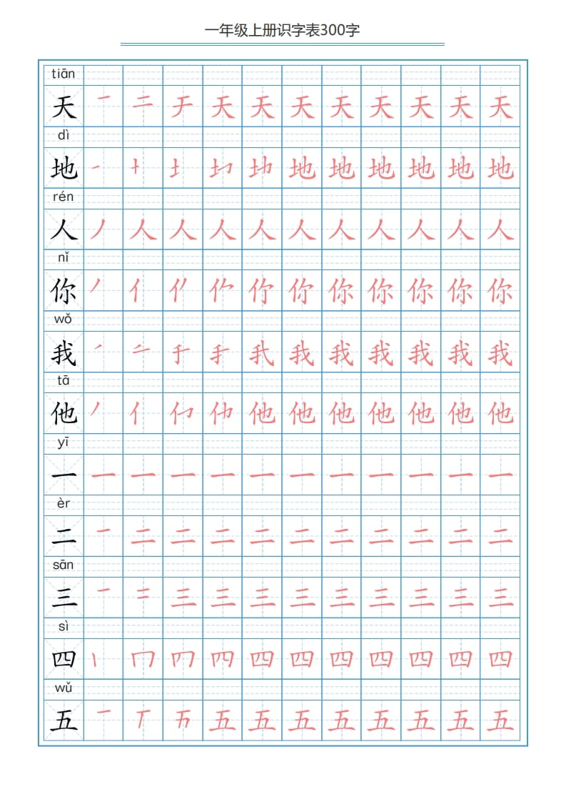 一年级语文上册识字表字帖（300字29页）PDF（部编版）-龙云试卷网