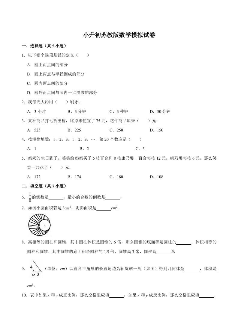 六年级数学下册小升初模拟试题（9）苏教版（含解析）-龙云试卷网