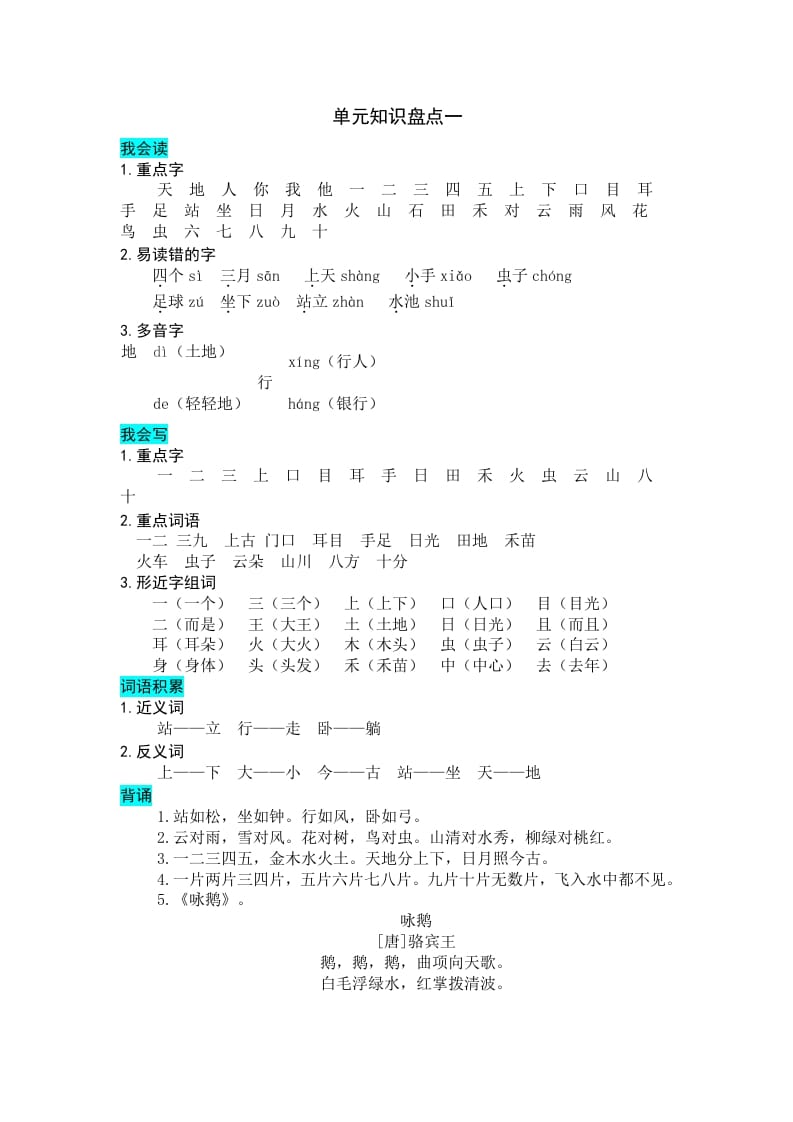 一年级语文上册第单元知识盘点（部编版）-龙云试卷网