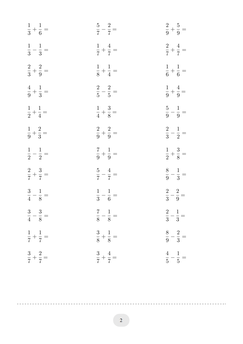 图片[2]-三年级数学上册口算题(分数的简单计算)1000题（人教版）-龙云试卷网