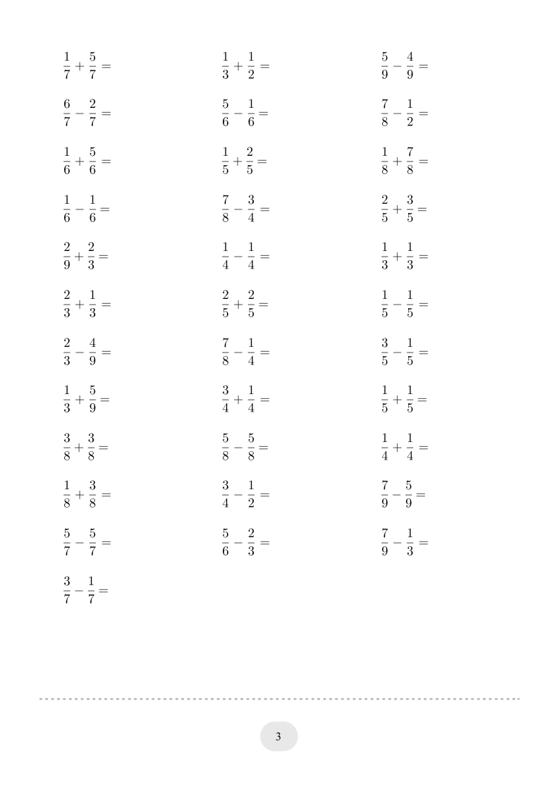 图片[3]-三年级数学上册口算题(分数的简单计算)1000题（人教版）-龙云试卷网