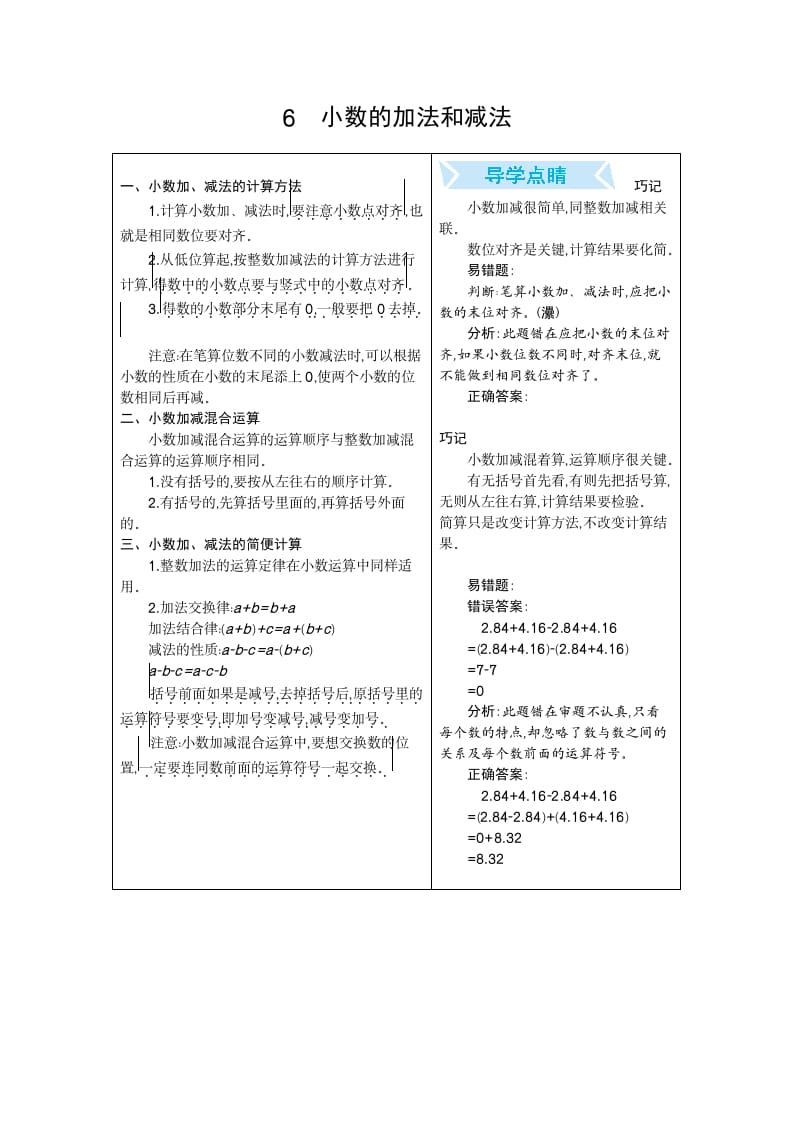 四年级数学下册6.小数的加法和减法-龙云试卷网