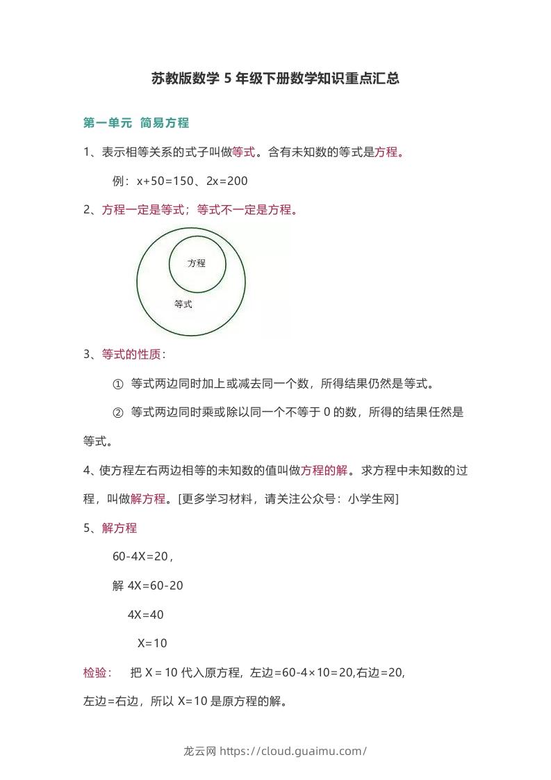 苏教版数学5年级下册数学知识点-龙云试卷网