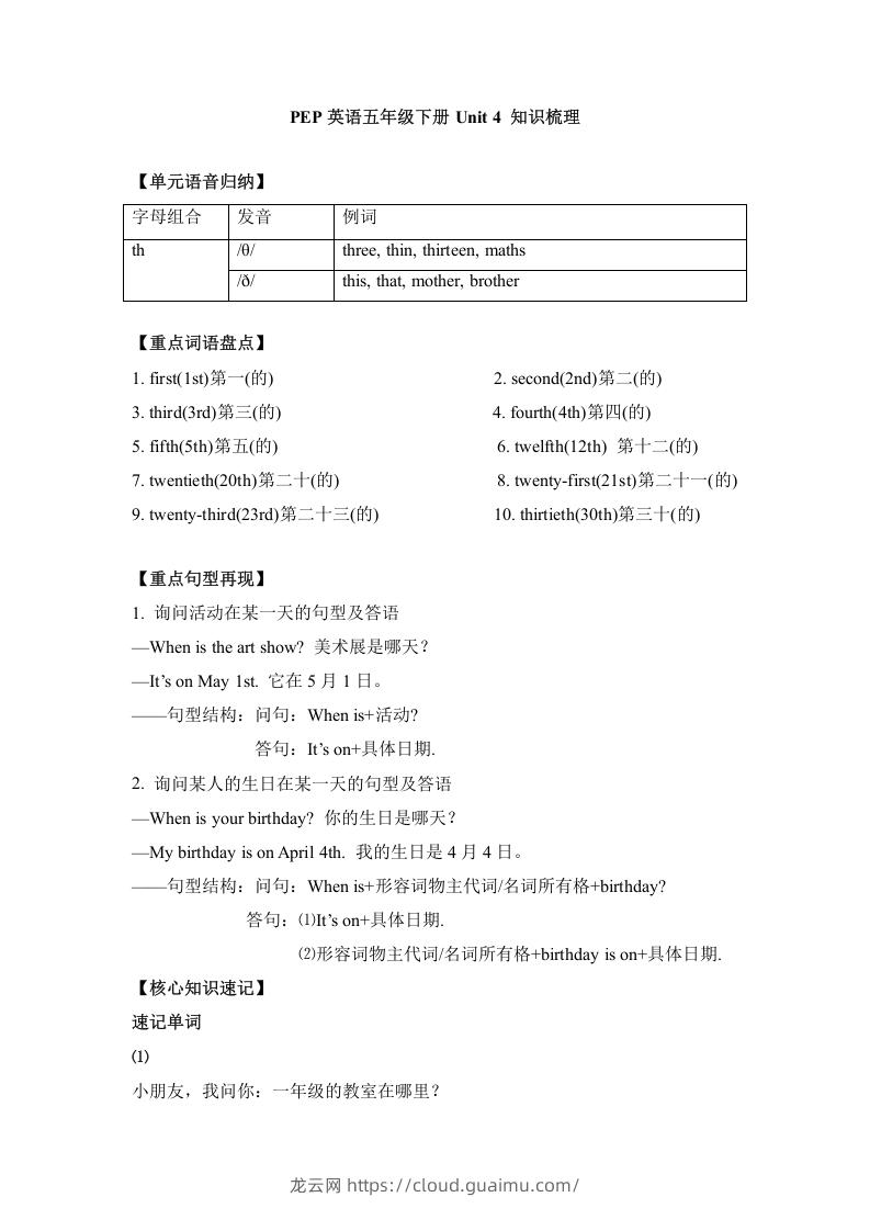 五年级英语下册单元知识梳理-Unit4Whenistheartshow（人教PEP版）-龙云试卷网