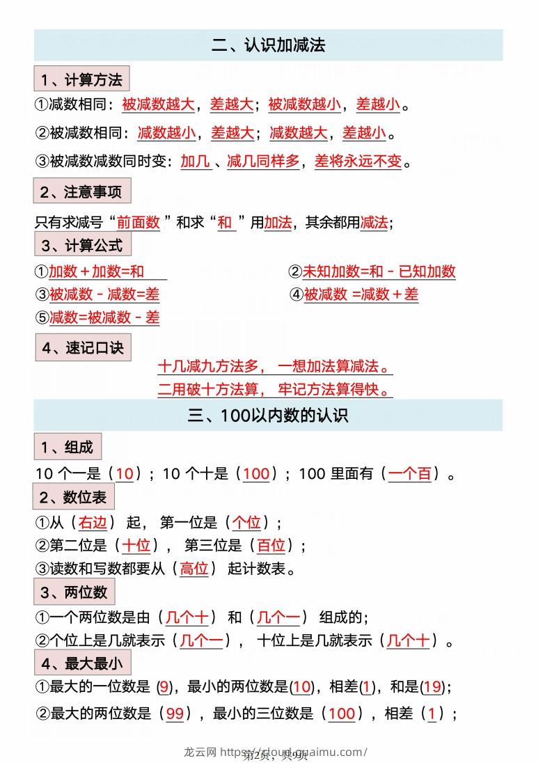 图片[2]-数学一年级下册必背知识点汇总-龙云试卷网