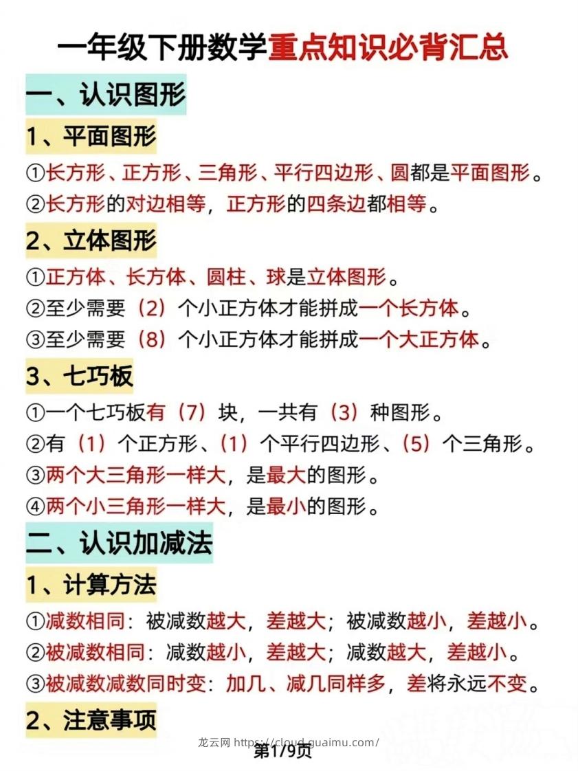 数学一年级下册必背知识点汇总（简洁版）-龙云试卷网