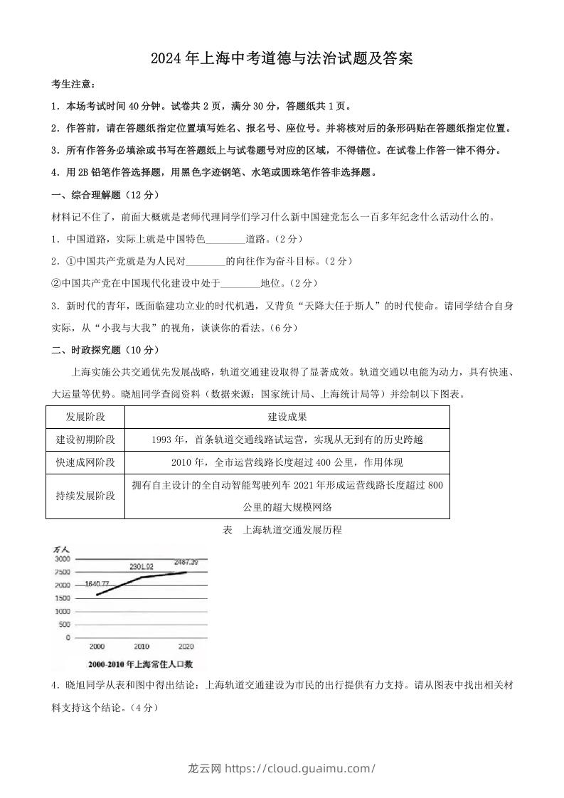 图片[1]-2024年上海中考道德与法治试题及答案(Word版)-龙云试卷网