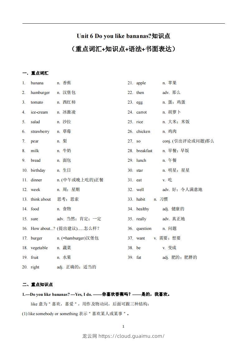 人教版英语七年级上Unit6Doyoulikebananas知识点-龙云试卷网