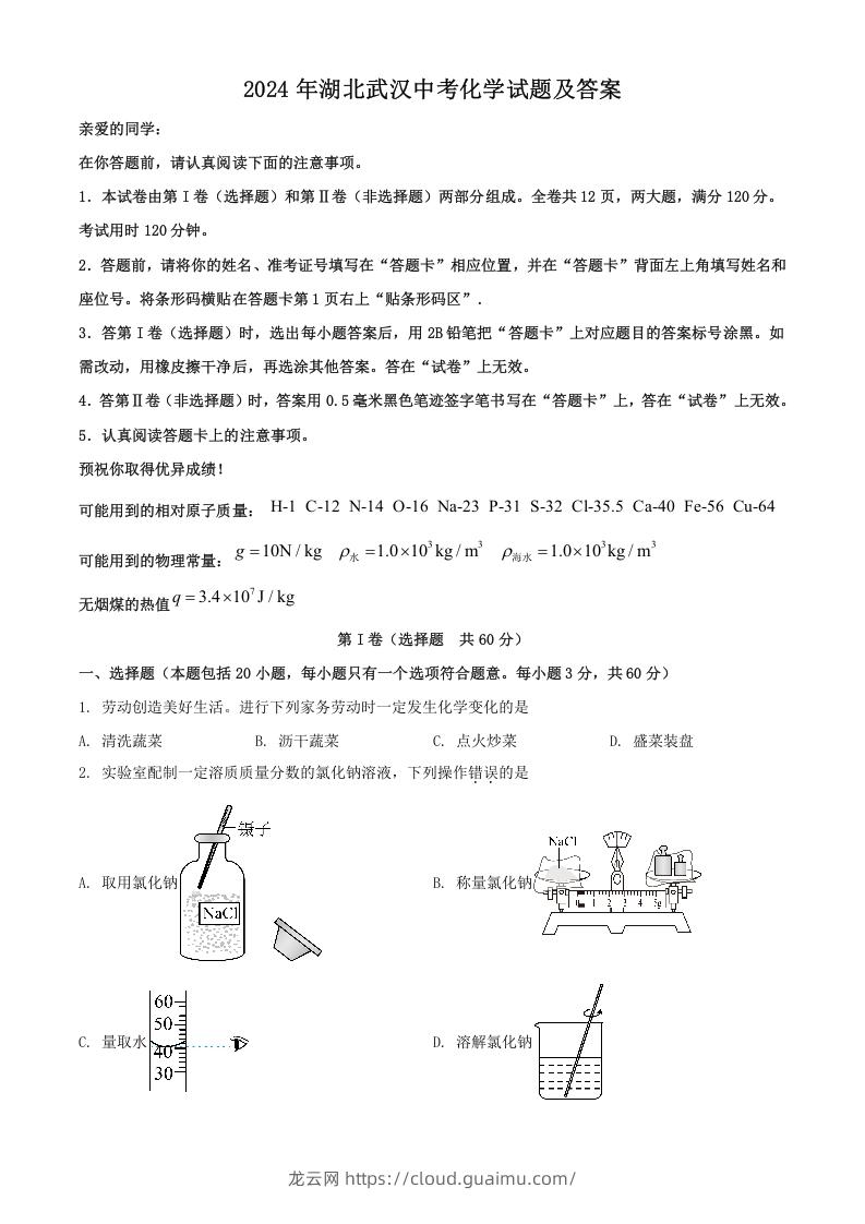 2024年湖北武汉中考化学试题及答案(Word版)-龙云试卷网