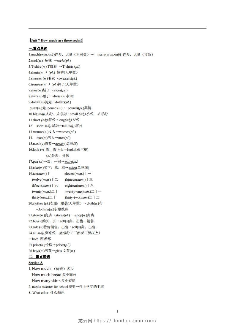 7.人教版七年级上英语Unit7复习提纲-龙云试卷网