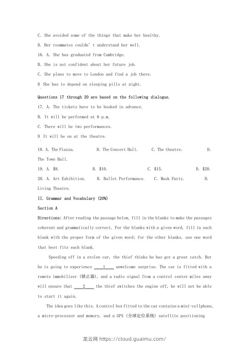 图片[3]-2021-2022学年上海市金山区高三上学期期中英语试题及答案(Word版)-龙云试卷网