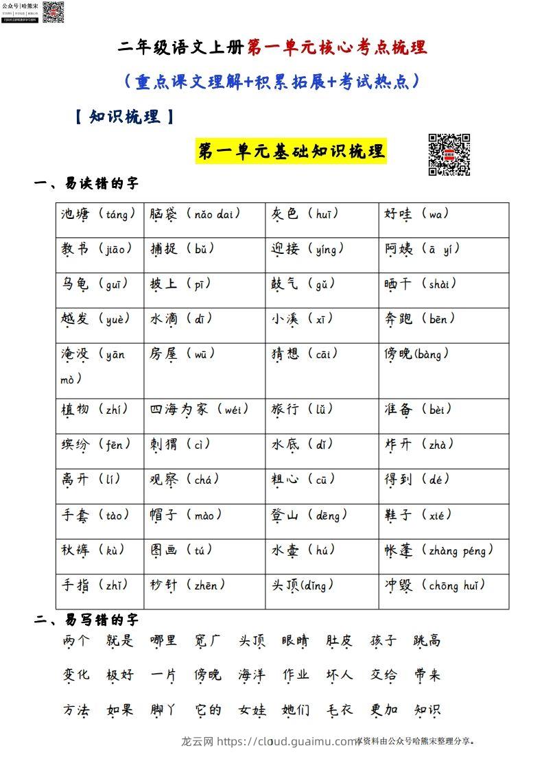 二年级语文上册第一单元核心考点梳理（重点课文理解积累拓展考试热点）-龙云试卷网