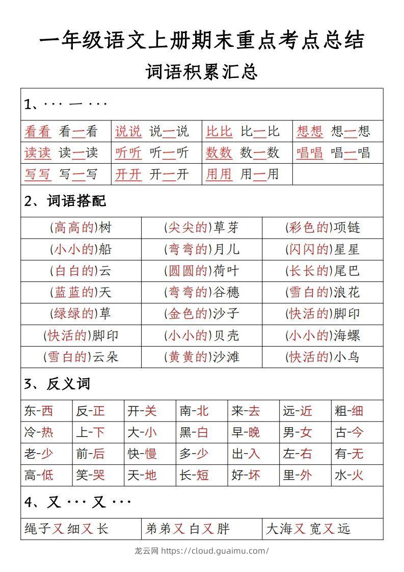 【期末重点考点总结词语积累汇总】一上语文-龙云试卷网