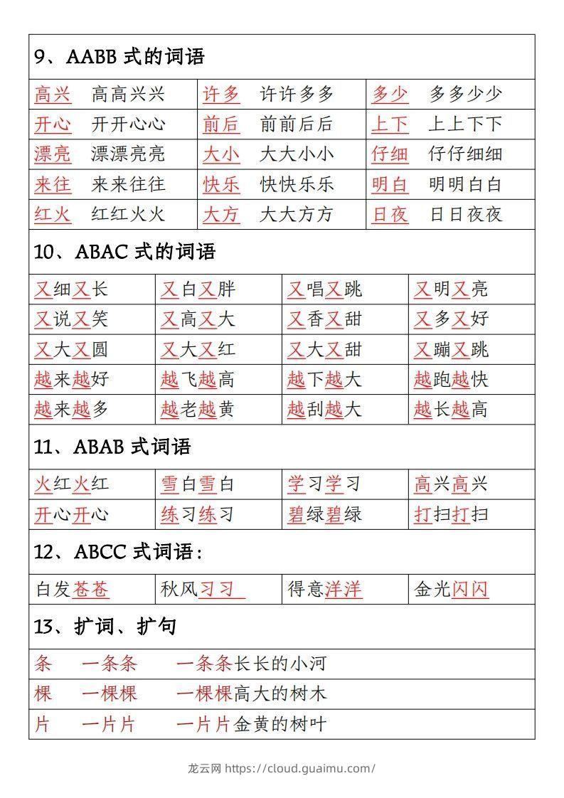 图片[3]-【期末重点考点总结词语积累汇总】一上语文-龙云试卷网