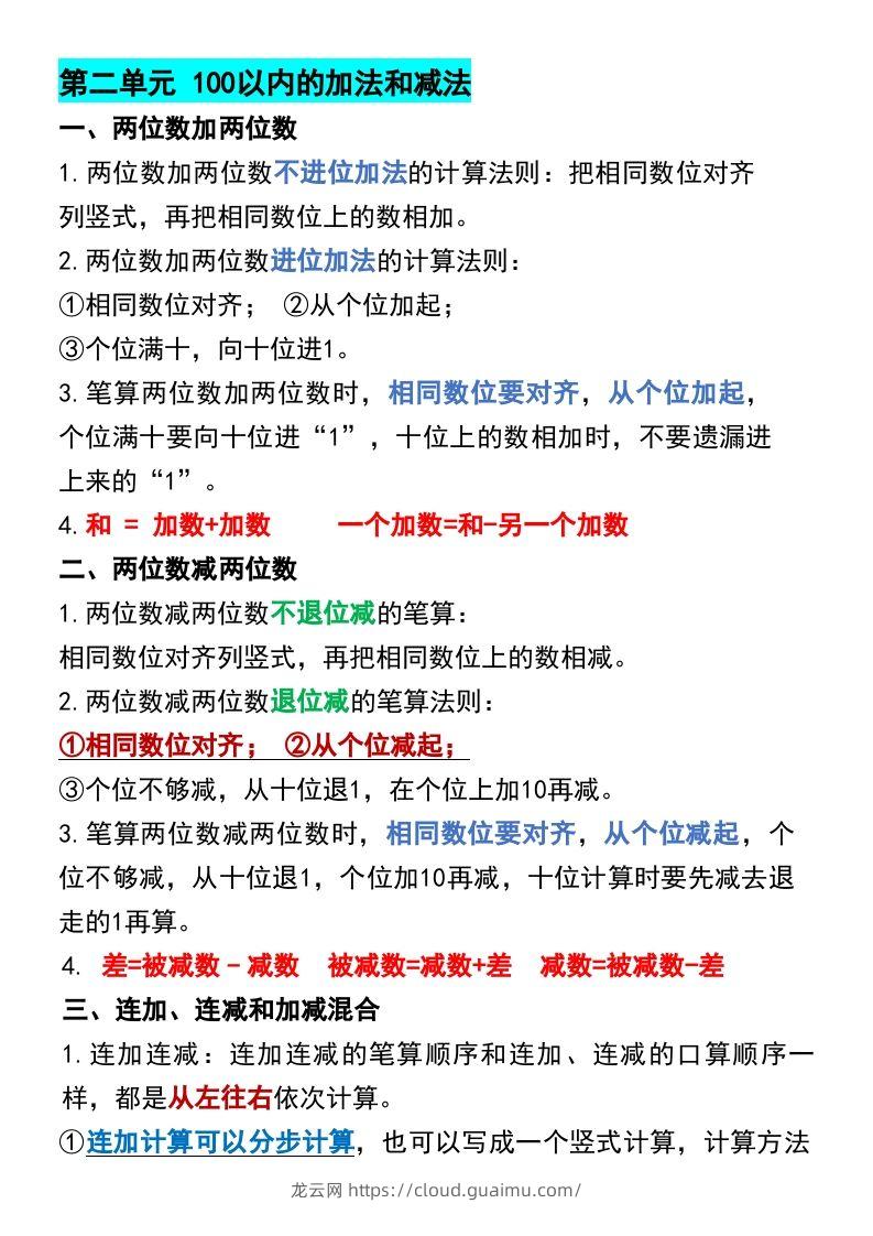 图片[2]-二年级上册数学各单元预习知识点归纳-龙云试卷网