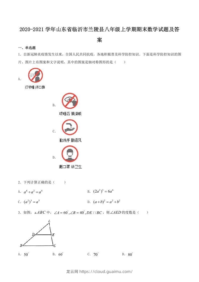 2020-2021学年山东省临沂市兰陵县八年级上学期期末数学试题及答案(Word版)-龙云试卷网