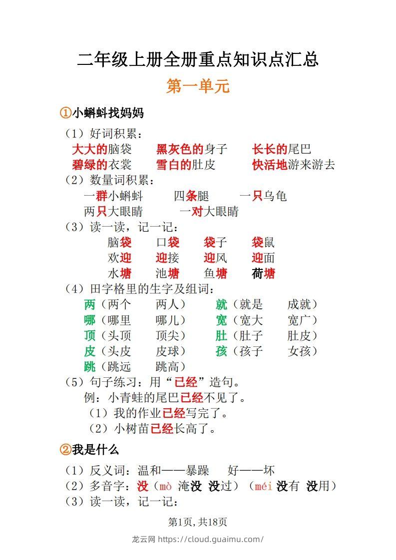 二年级上册语文全册每课重点知识点-龙云试卷网