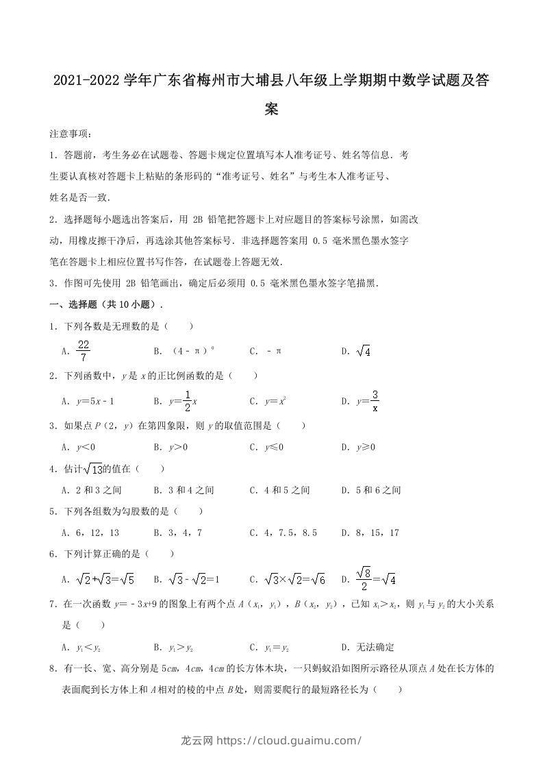 2021-2022学年广东省梅州市大埔县八年级上学期期中数学试题及答案(Word版)-龙云试卷网