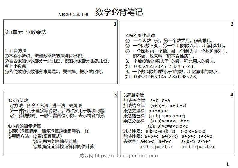 【人教五年级】数学上册必背笔记-龙云试卷网