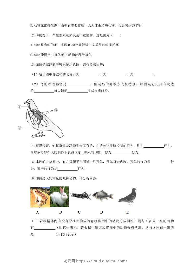 图片[3]-2020-2021学年湖北省黄冈市红安县八年级上学期期中生物试题及答案(Word版)-龙云试卷网