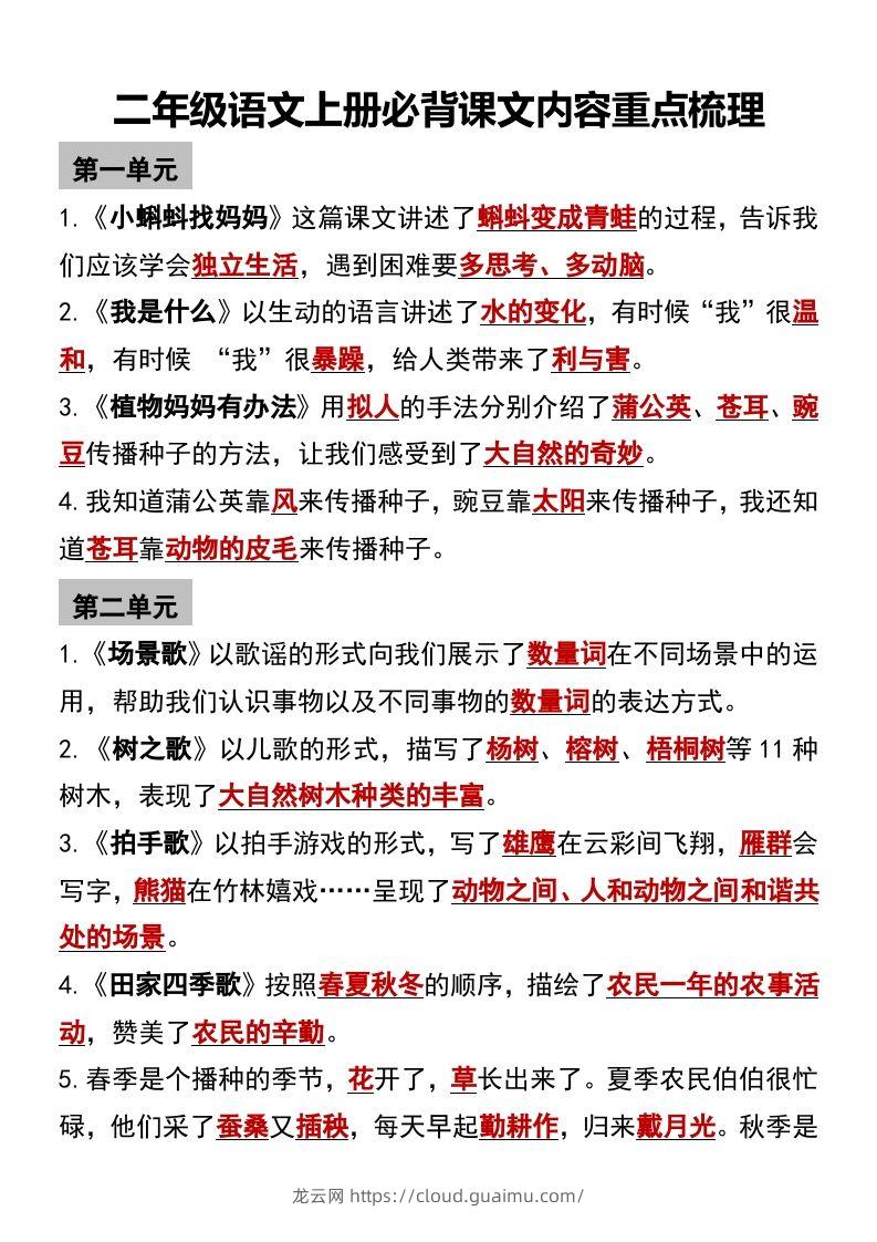 二年级语文上册必背课文内容重点梳理-龙云试卷网