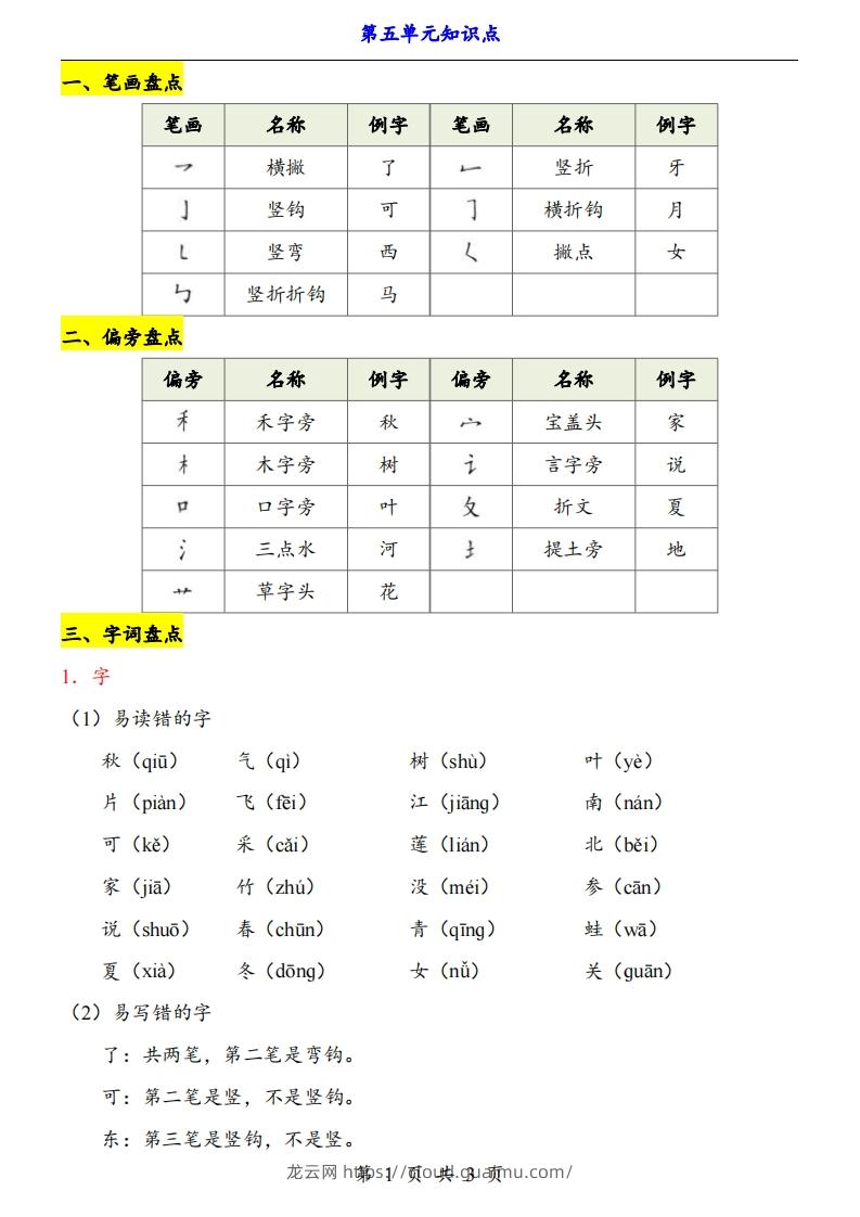 【24新教材】一上语文第5单元知识点梳理-龙云试卷网