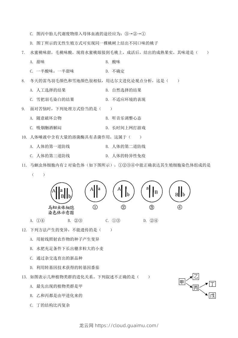 图片[2]-2020-2021学年山西省临汾市襄汾县八年级下学期期末生物试题及答案(Word版)-龙云试卷网