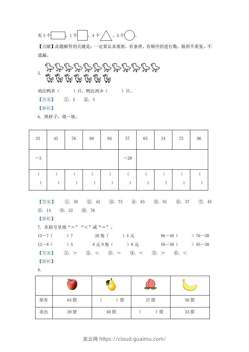 图片[2]-2021-2022学年山西省太原市万柏林区一年级下册数学期中试题及答案(Word版)-龙云试卷网