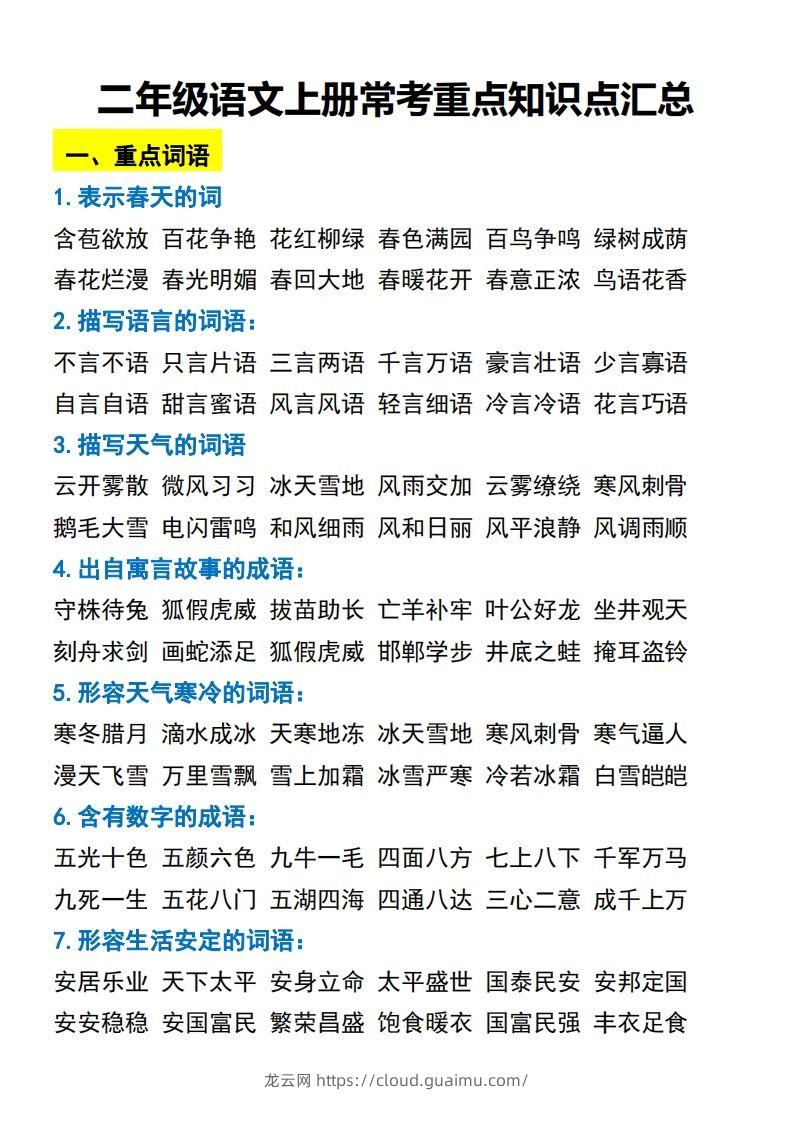 二年级语文上册常考重点知识点汇总-龙云试卷网