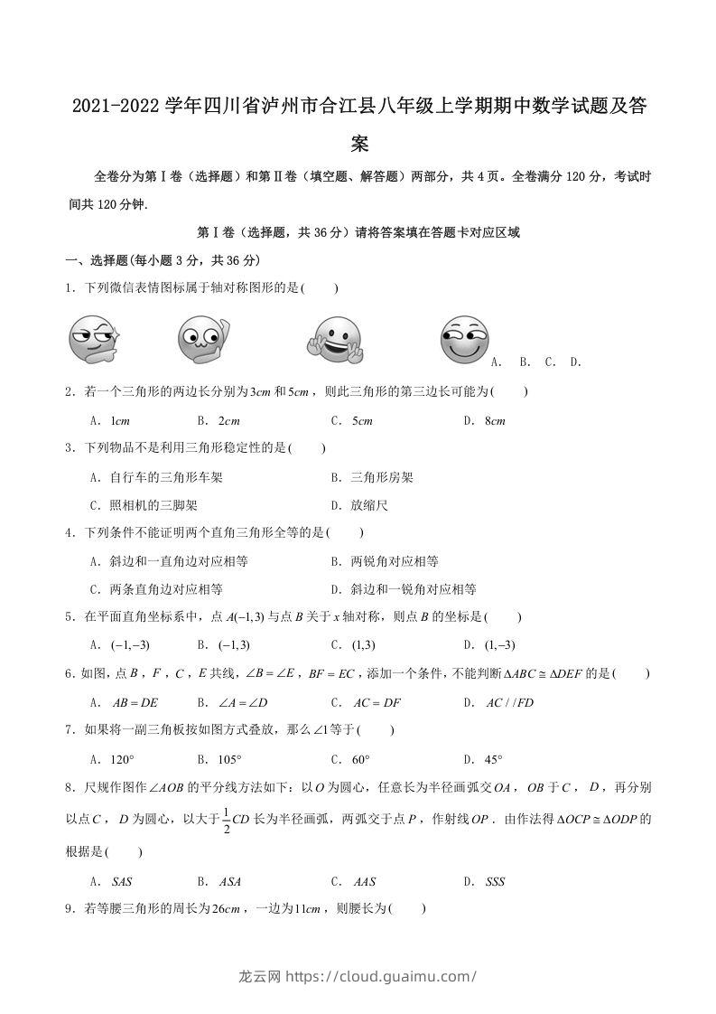 2021-2022学年四川省泸州市合江县八年级上学期期中数学试题及答案(Word版)-龙云试卷网