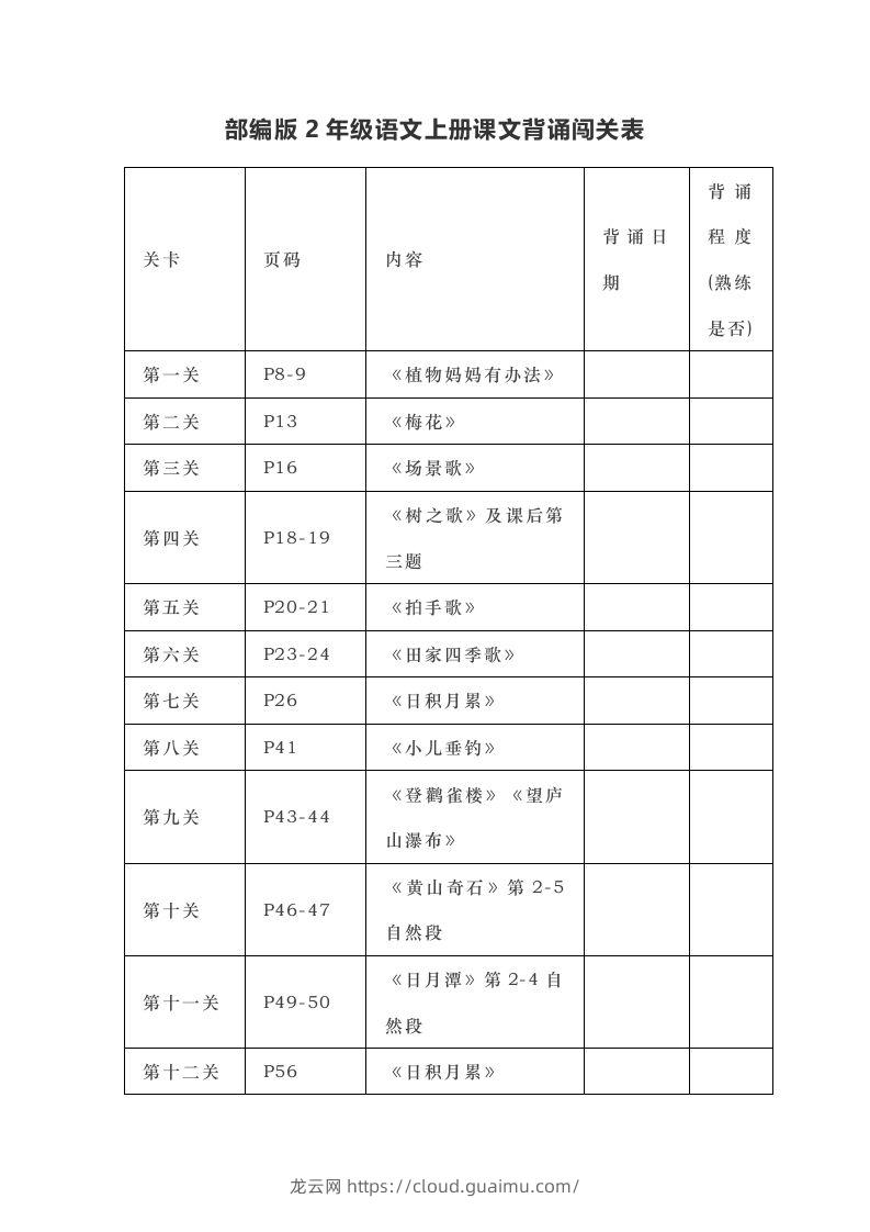 部编版二年级上册语文背诵课文内容及闯关表-龙云试卷网