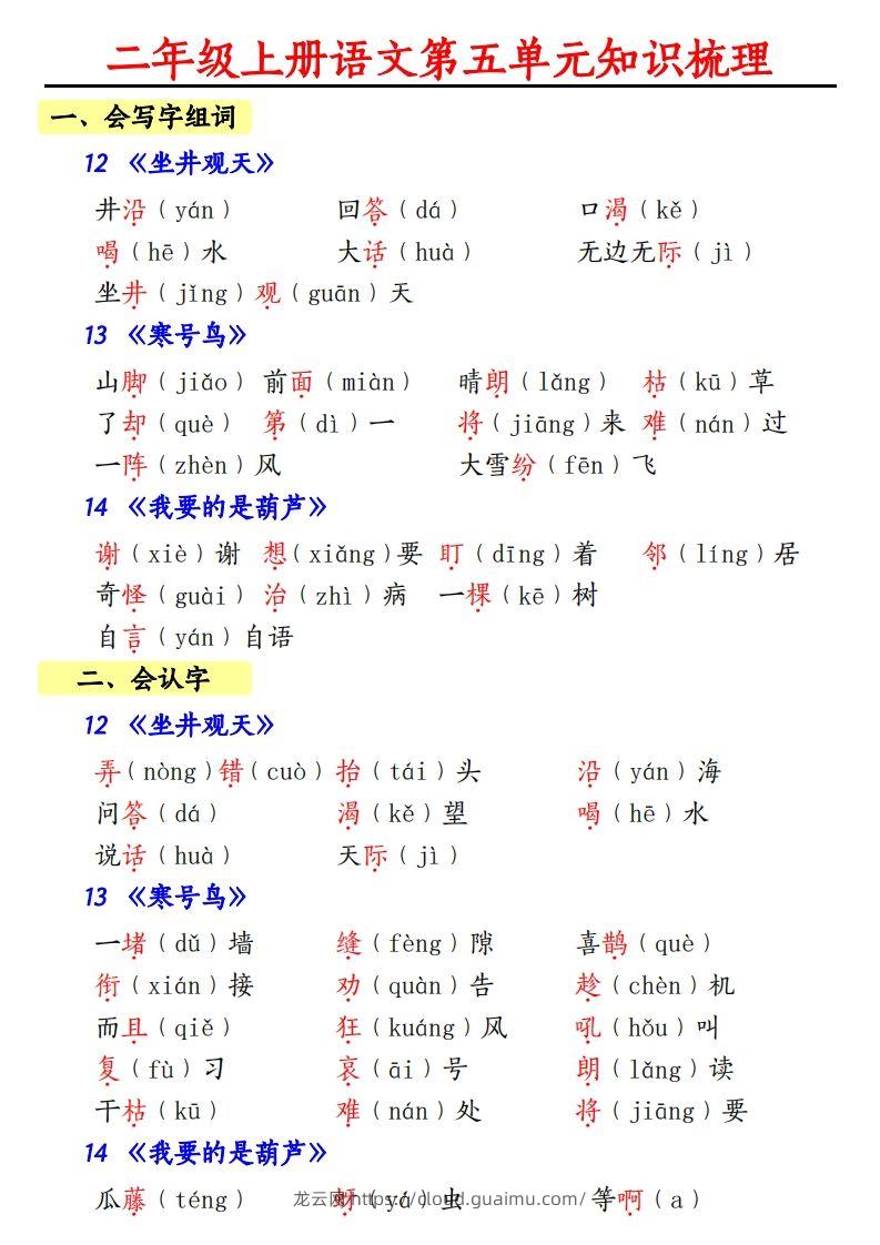 【第五单元知识梳理】二上语文-龙云试卷网