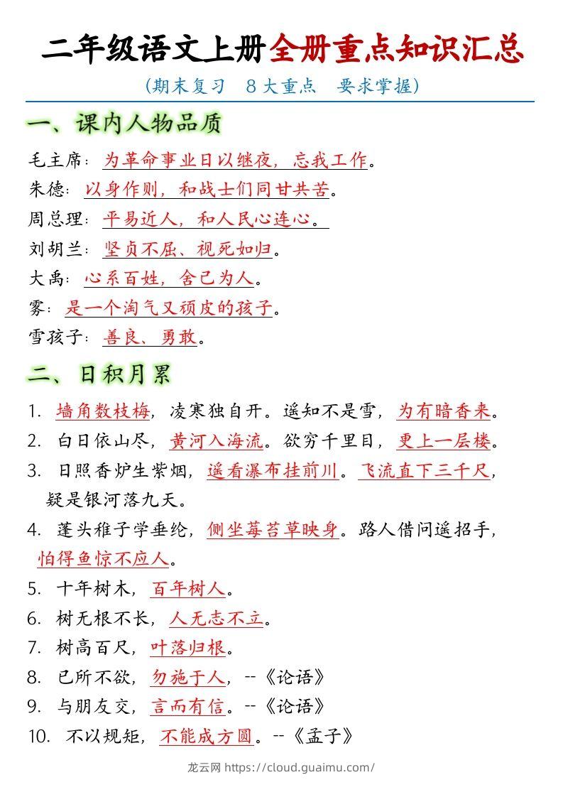 【全册重点考点归纳】二上语文-龙云试卷网