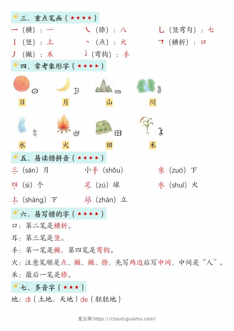 图片[2]-24新版一年级语文上册1-2单元知识点汇总-龙云试卷网