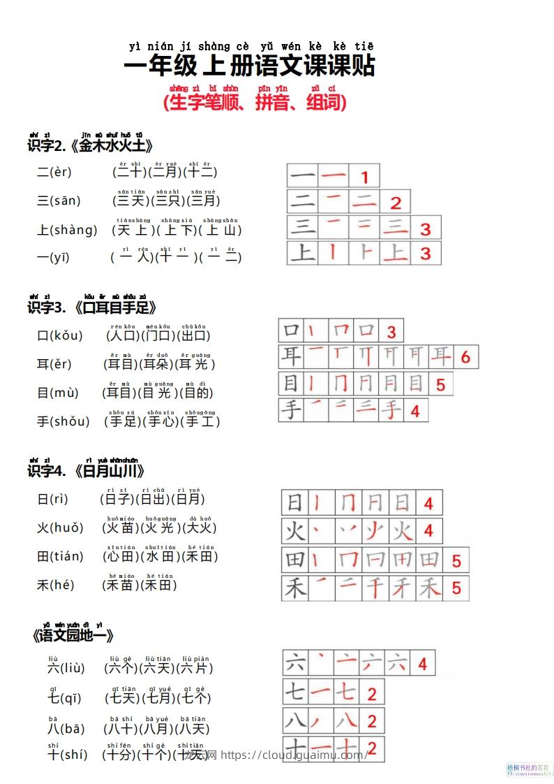 【24新版】一上语文课课贴（生字笔顺、拼音、组词）-龙云试卷网