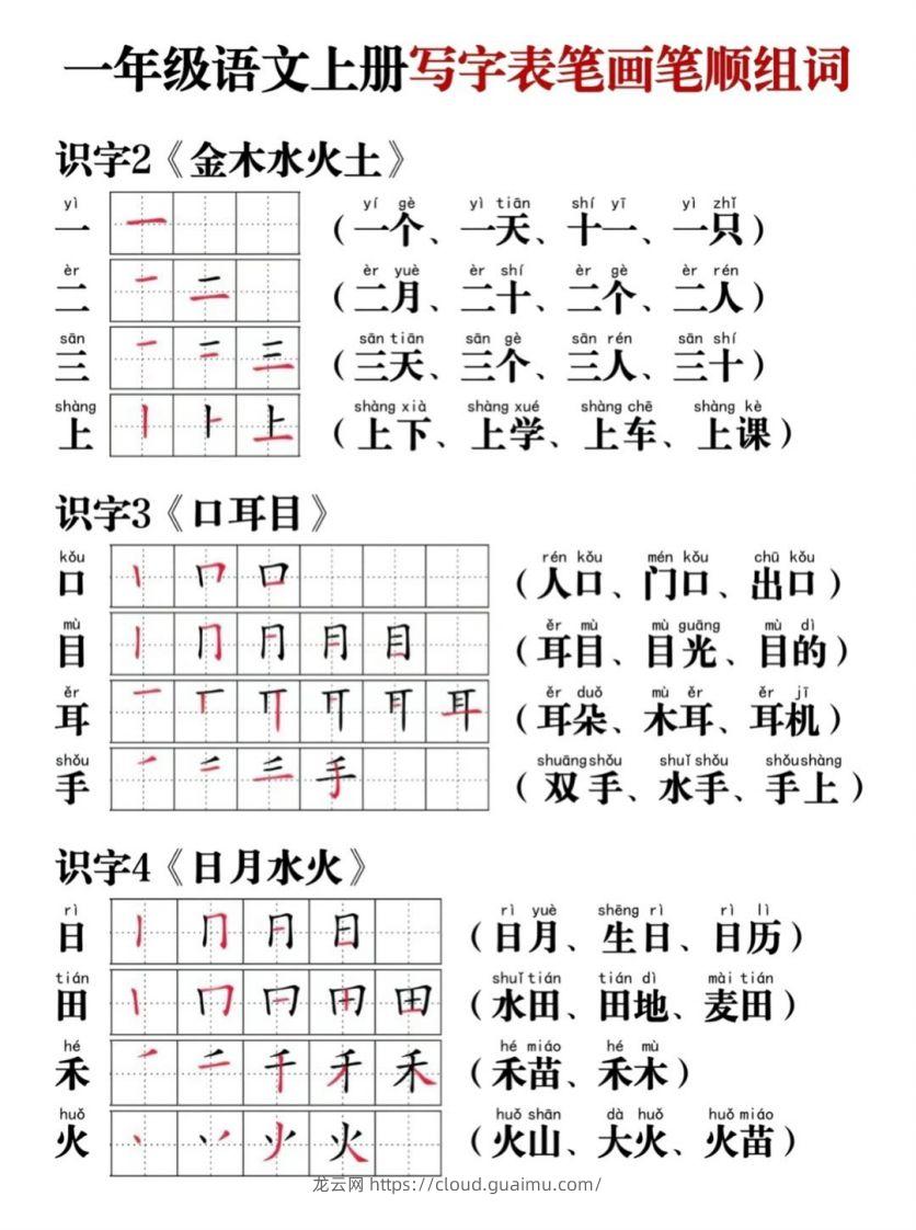 一年级语文上册写字表笔画笔顺组词-龙云试卷网