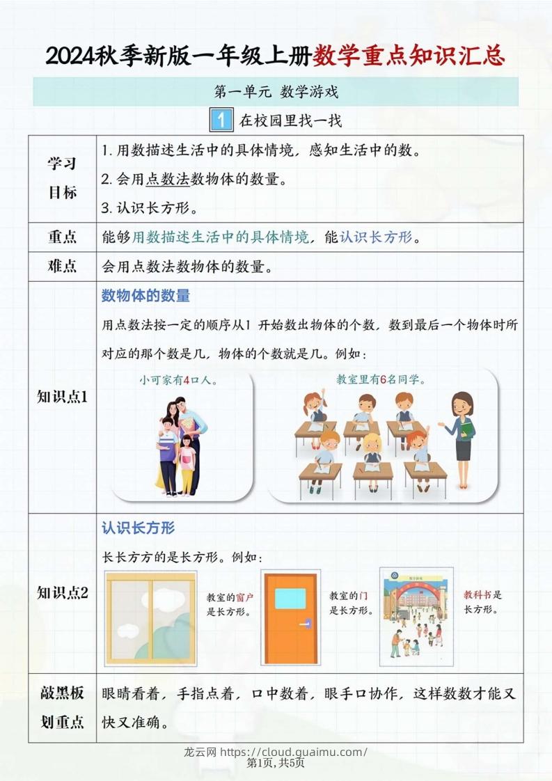 一年级上册数学重点知识汇总-龙云试卷网