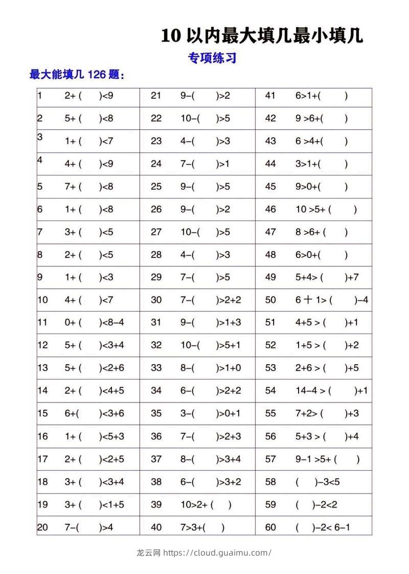 一上数学最大最小填几专项练习2-龙云试卷网