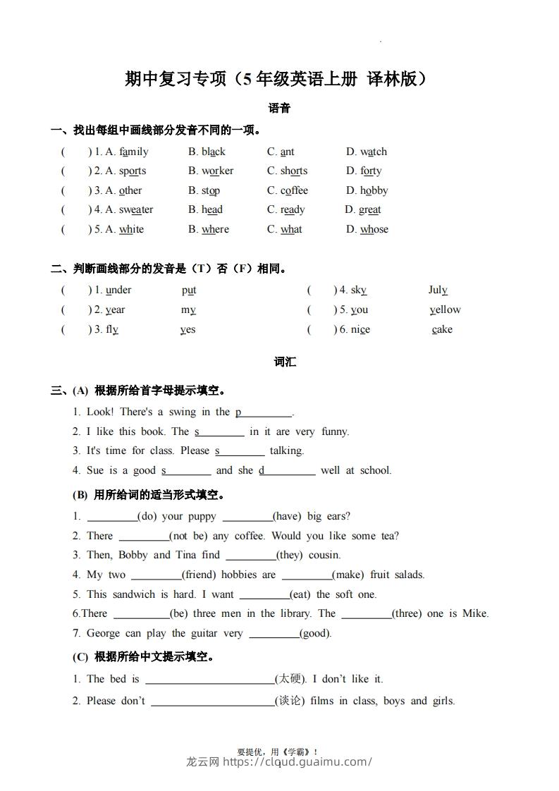 期中复习专项（五上英语译林版）-龙云试卷网