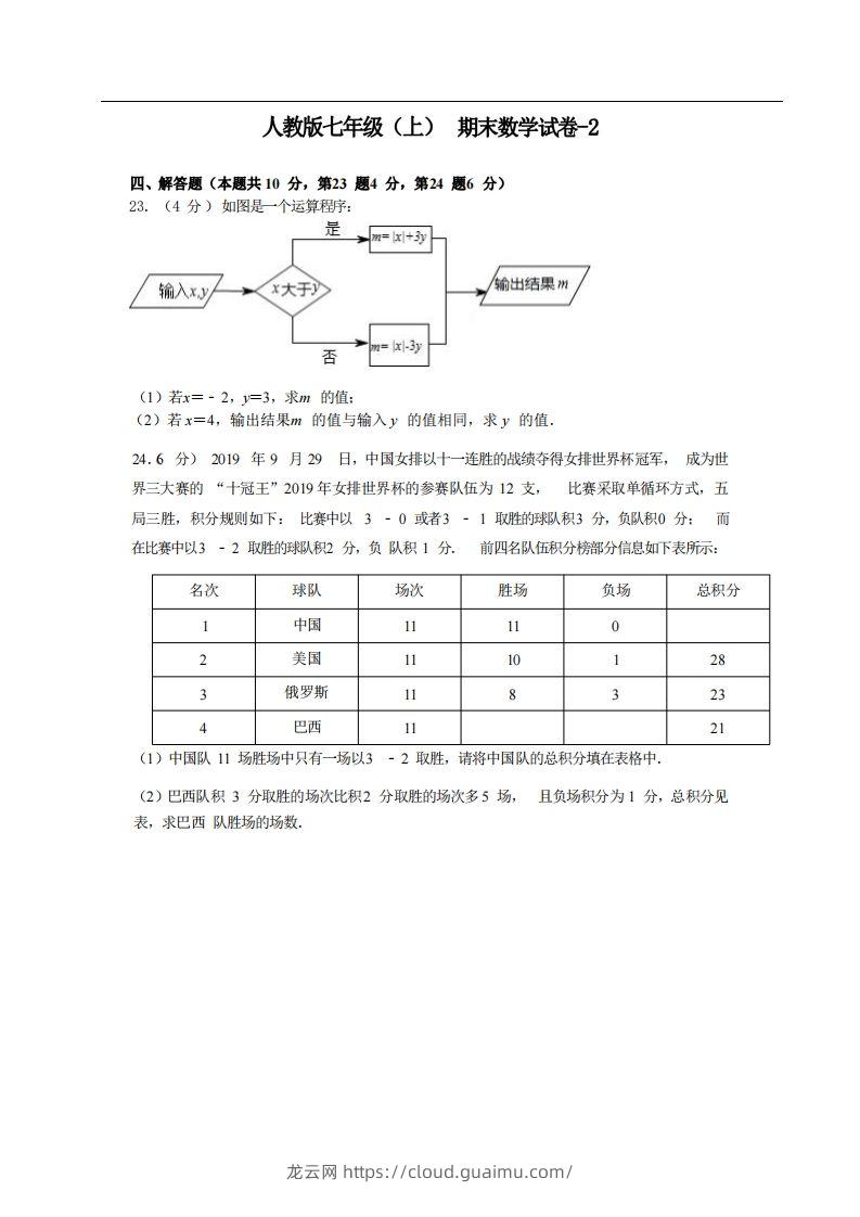 七年级（上）数学期末试卷4-2卷人教版-龙云试卷网