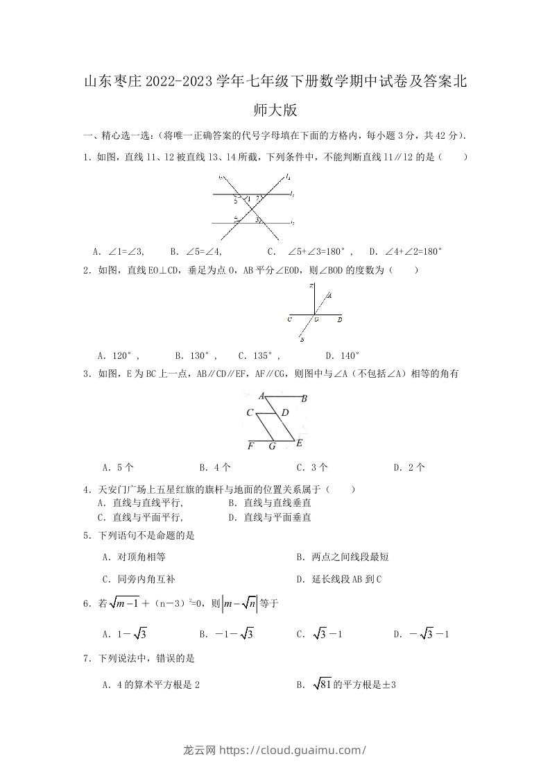 山东枣庄2022-2023学年七年级下册数学期中试卷及答案北师大版(Word版)-龙云试卷网