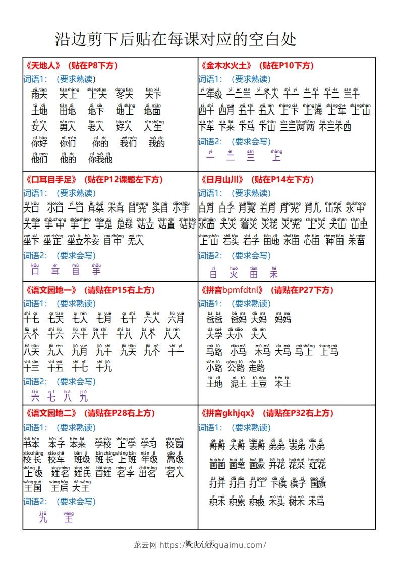 24秋版课课贴一年级上册语文每课重点书贴【贴在空白处4页】-龙云试卷网