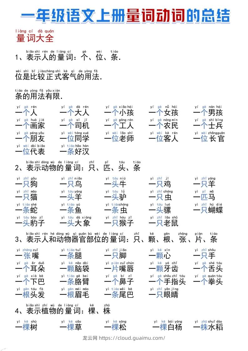 一年级语文上册量词动词的总结-龙云试卷网