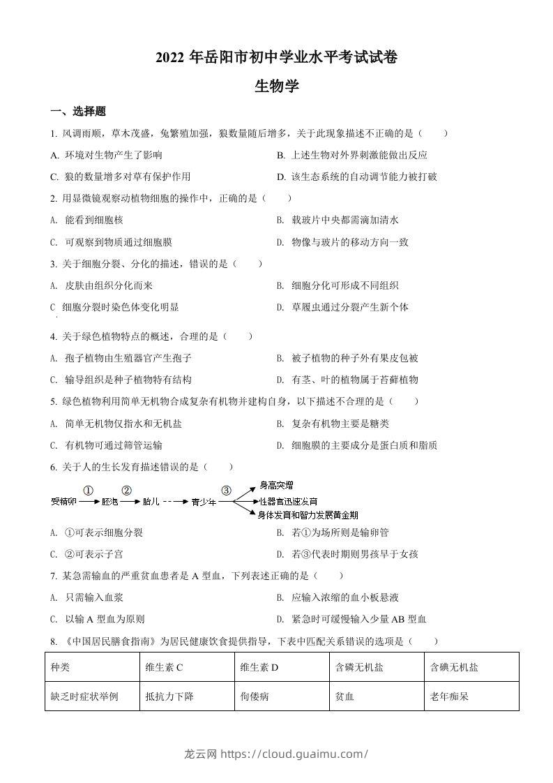 2022年湖南省岳阳市中考生物真题（空白卷）-龙云试卷网