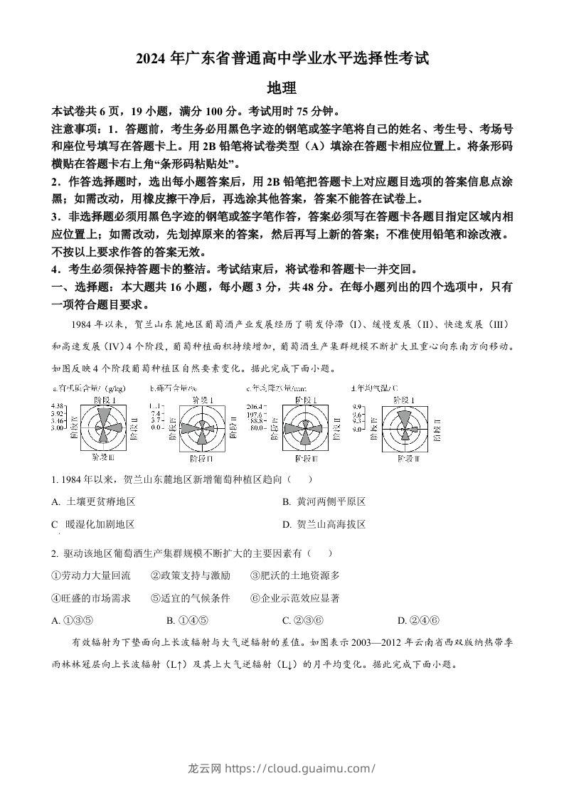 2024年高考地理试卷（广东）（空白卷）-龙云试卷网