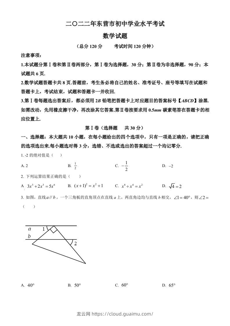 2022年山东省东营市中考数学真题（空白卷）-龙云试卷网